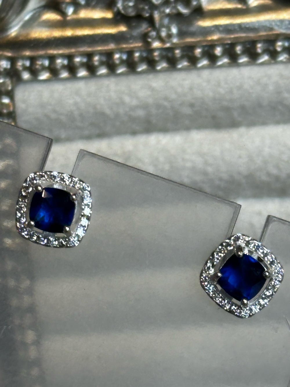 Gold Over Sterling Silver Stud Earrings Blue Cushion Cut Cubic Zirconia Halo